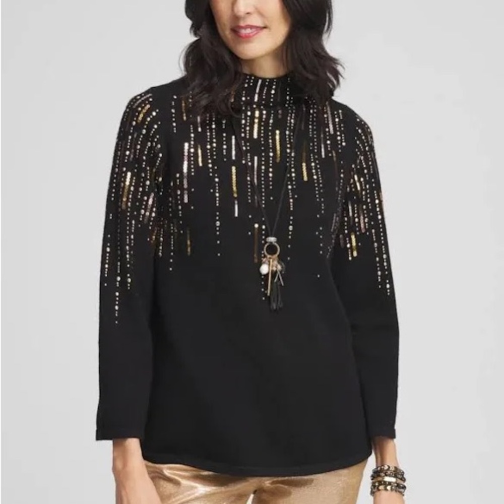 NWT Chico's Ombré Sequin Pullover Sweater Black Top Gold Detail Size S $129